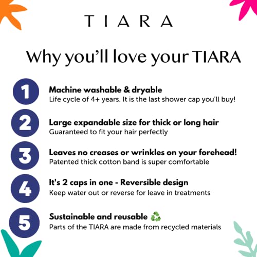 TIARA 2-in-1 Luxury Shower Cap for Women Reusable Waterproof ? Hair Cap for Long & Short Hair ? All Size Fit Flexi Shower Cap, Terry Lined Leakproof Cloth (Patented), Soft & Breathable