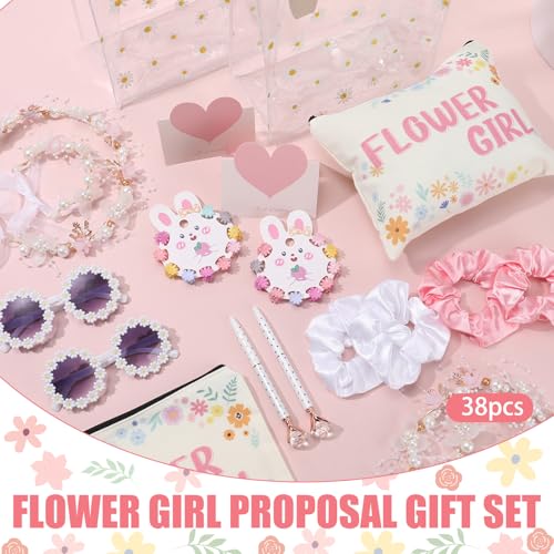 38Pcs Flower Girl Proposal Gift Set Including Flower Girl Bags Canvas Bag Glasses Headband Bracelet Diamond Pen Hair Accessories Scunchies Card For Wedding Engagement Bridal Shower Party