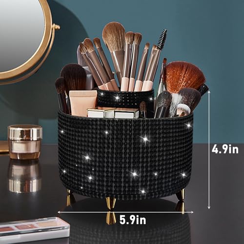 Diesisa Bling Diamond 360¡Æ Makeup Brush Holder Organizer, Rotating Makeup Brush Organizer,5 Slot Make up Brushes Cup for Cosmetics, Vanity Desktop Organizer, Gift for Women Teen Girls- Diamond Black