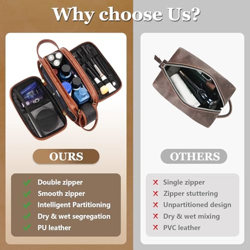 Mens Leather Toiletry Bag Waterproof Travel Organizer