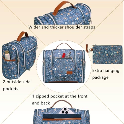 Hanging Toiletry Bag for Women, Travel Makeup with Metal Swivel Hook, Organizer for Full Sized Cosmetics and Toiletries,Water-Resistant Nylon,Paisley Floral