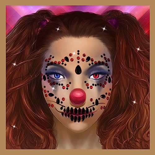 6-Pack Skull Face Gems Jewels,Day of the Death Halloween Temporary Face Tattoos Fake Face Jewelry
