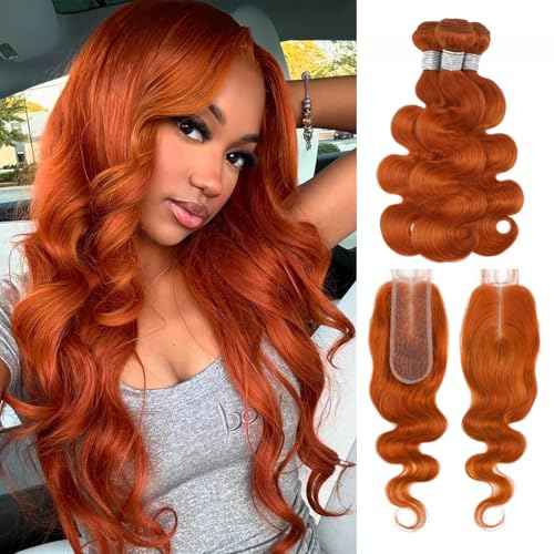 ALHER Ginger Orange 3 Bundles with 2x6 Closure (18 20 22+18), Body Wave #350 Bundles with 2x6 Long Deep Part Lace Closure Pre Plucked, 12A Grade 100% Unprocessed Brazilian Virgin Remy Human Hair