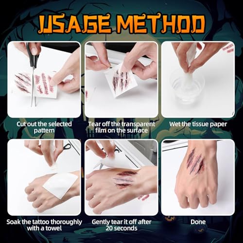 YouNuo 30 Sheets Halloween Temporary Tattoos, Horror Stitch Scar Scab Zombie Makeup Tattoos Stickers, Realistic Bloody Fake Wound for Chucky Costume Party, Women & Men, Waterproof