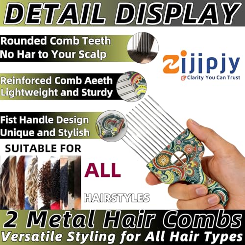 2 Pack Stainless Steel Afro Pick Comb for Curly Hair Styling