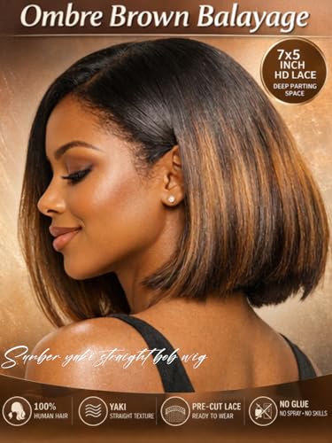 Sunber Ombre Brown Bob Wig 10" Yaki Straight Glueless