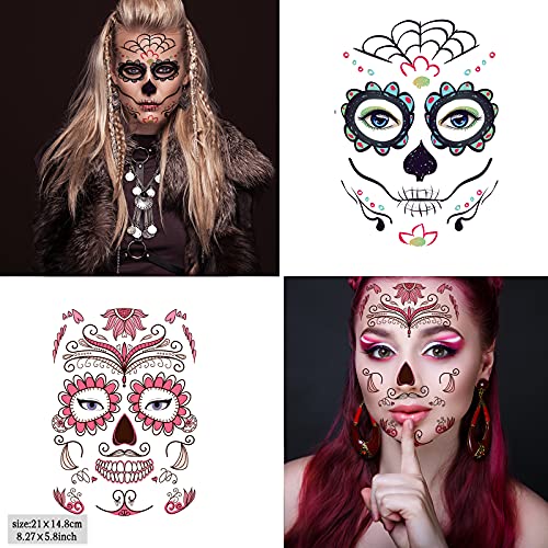 12-Pack Halloween Sugar Skull Face Tattoos, Day of Dead Temporary Makeup