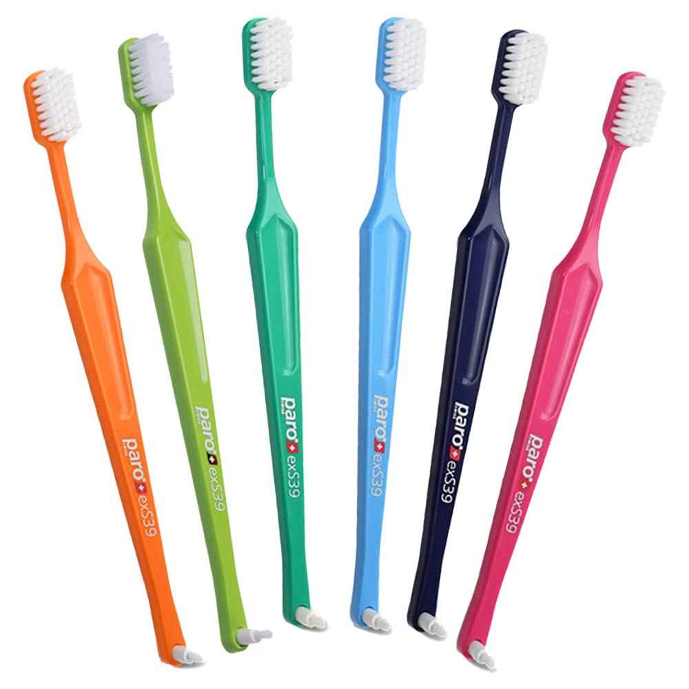 Paro exS39 Extra Sensitive Toothbrush with Interspace Brush F | Dual Features | Ultra Soft Bristles | Unisex | (6 Pack Multi-Color)
