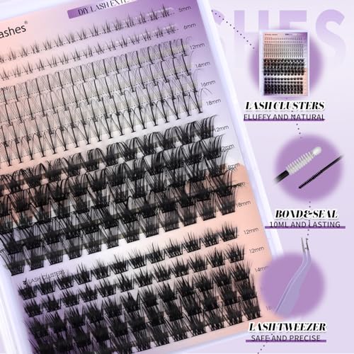 DIY Lash Extension Kit Lash Clusters With Bottom Lashes Volume/Wispy Clusters12-18mm Multi-types Individual Lashes Bond and Seal, Spike, Volume Lashes Kit Lash Applicator(Volume/Wispy Kit)