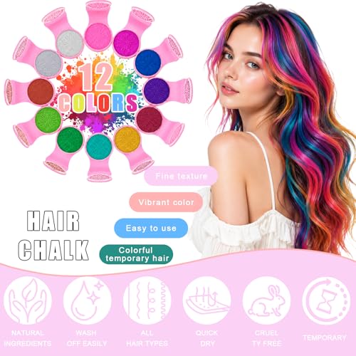 12 Color Washable Hair Chalk Set for Kids - Non-Toxic Temporary Dye