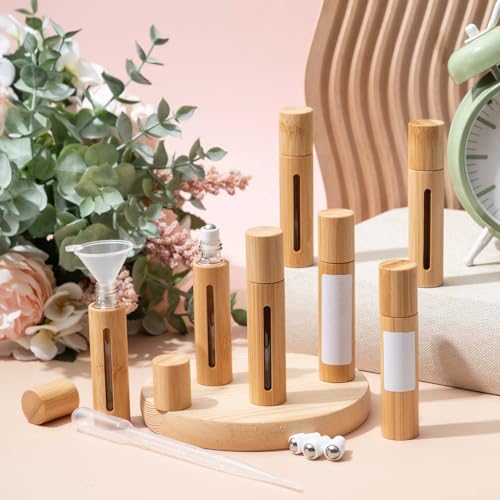 18 Pcs 10ml Bamboo Roll on Bottles for Essential Oils Empty Bottles with Stainless Steel Roller Balls with Funnels, 3ml Droppers and Stickers