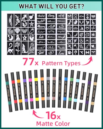 Metker Temporary Tattoo Markers 16-Count with 77 Stencils