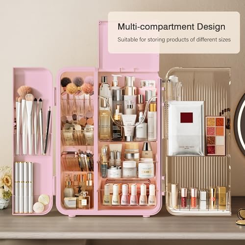 UAK Makeup Organizer with Drawers for Vanity, Cosmetic Display Case with Brush Holders, Storage for Skincare Countertop Bathroom (Pink)