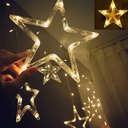 Twinkle Star 12 Stars 138 LED Curtain String Lights, Window Curtain Lights with 8 Flashing Modes Ramadan Decoration for Christmas, Wedding, Party, Home Decorations,Warm White