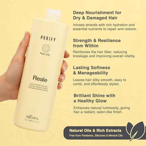 Kaaral Purify Reale Intense Nutrition Shampoo ? Moisturizing Formula for Dry, Damaged Hair ? Supports Natural Growth, Scalp Care, and Softness ? With Royal Jelly, Limnanthes Oil, Olive Oil ? 1000 ml