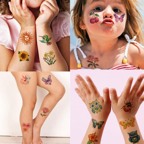 Glitter Temporary Tattoos for Girls 10 Sheets Glitter Flowers Bird Butterfly Heart Temporary Tattoos for Girls Kids Birthday Party Supplies Gifts Decoration
