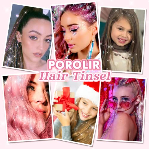 POROLIR Silver Clip-In Hair Tinsel Extensions 20 Inch Sparkly Fairy Hair Accessories for Women & Kids - Heat Resistant, Reusable
