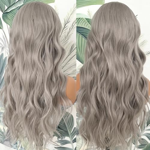 Lovestory 13X4 Silver Gray Long Wavy Synthetic Lace Front Wig For Women Free Part Loose Curly Grey Lace Front Wigs Glueless Heat Resistant