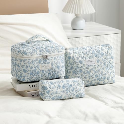 uekeboag Large Travel Quilted Makeup Bag for Women, Floral Cotton Cosmetic Bag, Coquette Aesthetic Floral Toiletry Organizer Bag