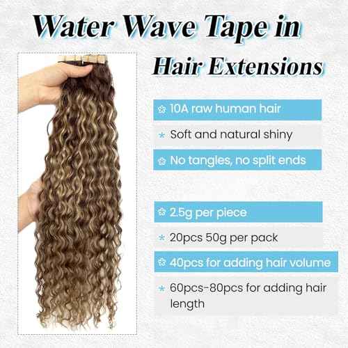 Highlights Tape in Hair Extensions Human Hair for Black Women Water Wave Tape in Extensions Human Hair 18¡± Loose Curly Ombre Chocolate Brown to Honey Blonde Highlights Real Remy Skin Weft Extension