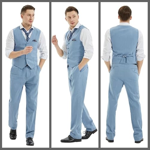 MAGE MALE Men's Linen 2 Piece Suit Slim Fit Wedding Groomsmen Summer Vest Pants Set with Pocket Square