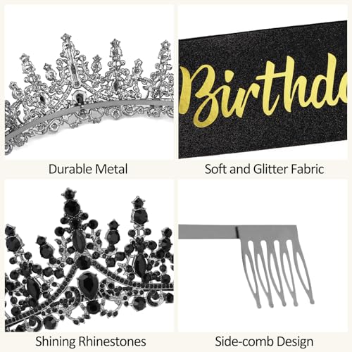 Black Birthday Queen Crown & Sash Set for Adults – CURASA Glitter Tiara and Satin Ribbon