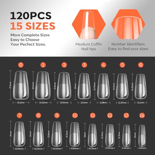 Modelones Medium Coffin Nail Tips - 120 Pcs, 15 Sizes, Acrylic Strength