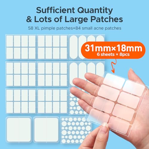 Large Pimple Patches for Face, 7 Sizes Big Acne Patches, FSA Eligible XL Hydrocolloid Bandages for Body, Chin, Forehead, Nose, Blemish Zit Breakouts, Hydrocolloid Patch (Square, Strip, Dot 142 Count)