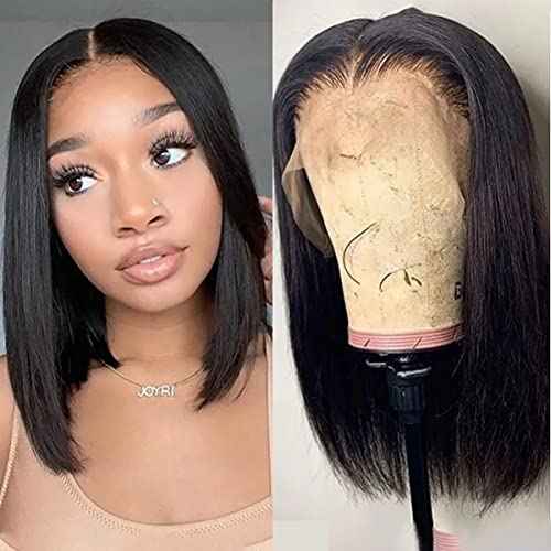 14 Inch Short Bob Wig Straight 13X4 HD Transparent Lace Front Wig Human hair 150 Density Lace Frontal Wig Glueless Wigs Human Hair Pre Plucked for Black Women Wigs With Baby Hair Natural Color
