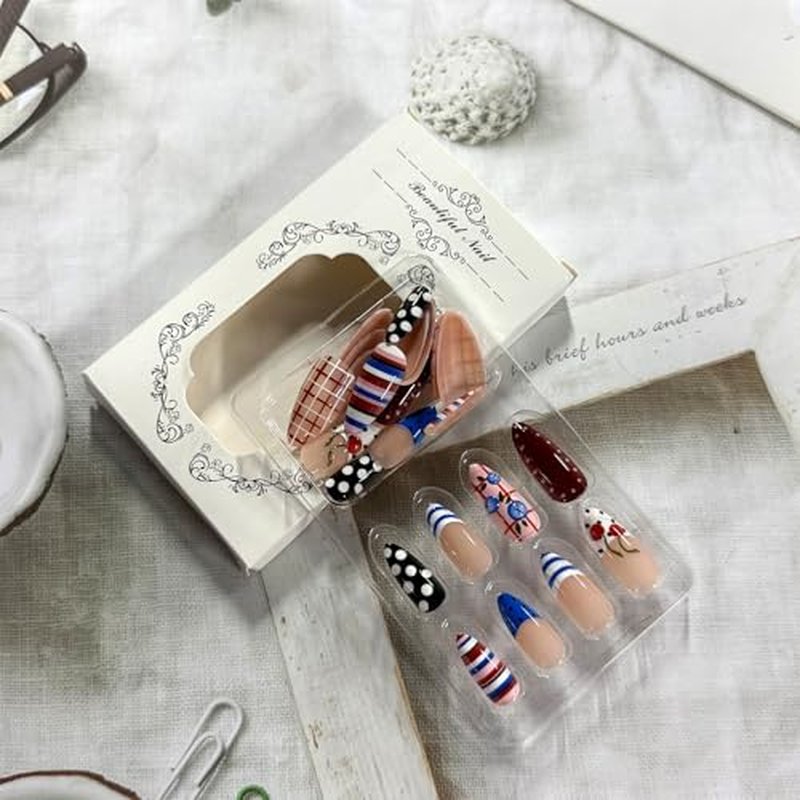 3D Cherry Blueberry Press On Nails - Medium Almond, 24 Pcs