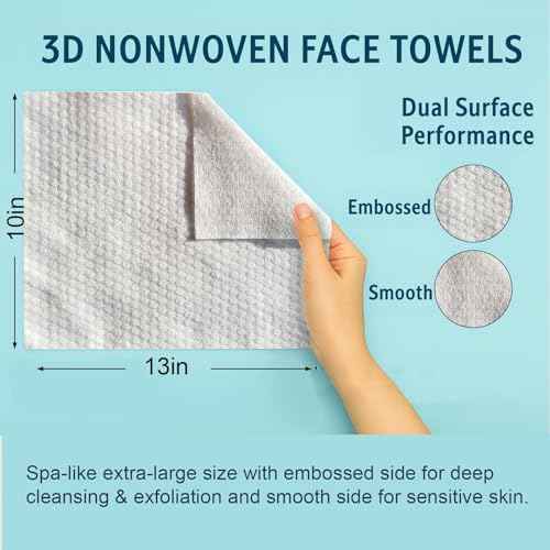 3D Nonwoven Face Towels-XL 13¡±x10¡±, 50Cts=150 Uses, Cut Waste & Cost 70%, Ultra-Clean, Soft & Durable, Dual-Surface: Cleanse, Exfoliate, Includes Wash Bag & Hook