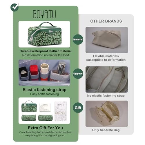 BOYATU Travel Makeup Bags for Women: 3 Pcs Set Large Capacity Leopard Print Cosmetic Organizer Case Carry Your Wild Side - Detachable Toiletry Bag for Full-sized Skincare Bottles (09-Green)