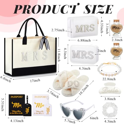 14 Pcs Bridal Shower Gifts Set Including Mrs Mr Travel Passport Tag Tote Cosmetic Bag Jewelry Box Claw Hair Clip Hair Tie Heart Sunglasses for Honeymoon Wedding Supplies(Women 9-10)