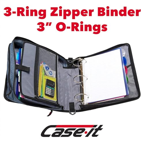 Case-it The Mighty Zip Tab Zipper Binder - 3 Inch O-Rings - 5 Color Tab Expanding File Folder - Multiple Pockets - 600 Sheet Capacity - Comes with Shoulder Strap - Spearmint D-146 (6 Pack)