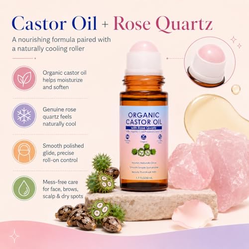 Organic Castor Oil with Rose Quartz Roller for Face & Eye Care – 1.7 Fl Oz