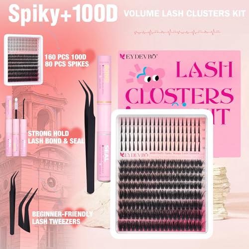 EYDEVRO Lash Clusters Kit 100D Volume Lash Clusters with Spikes Wispy Cluster Eyelash Extensions Kit Mega Volume Lash Extension Kit Spiky Individual Lashes Faux Mink Spikes Eyelash Clusters