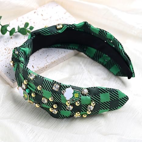 Hofar St. Patrick's Day Headband for Women Green Shamrock Headband Embellished Crystal Rhinestone Knotted Headband St. Patrick's Day Hair Accessories Celebration Party Hairbands