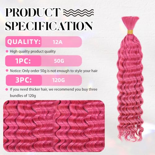 10 Inch Deep Wave Human Braiding Hair for Boho Braids ? 120g 3 Bundles/Pack Pink 100% Unprocessed 12A Brazilian Virgin Human Hair Bulk, No Weft, Wet & Wavy Curly Extensions