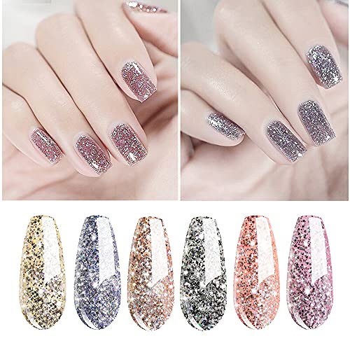 Vishine Platinum Glitter Sparkly Gel Nail Polish Set of 6 Colors Shiny Silver Golden Gel Polish Kit UV LED Soak Off Gel Polish Home DIY Manicure Nail Salon Art Design New Year Holiday Set