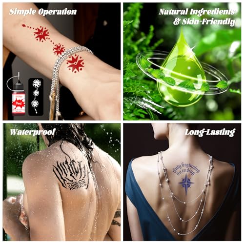 Temporary Tattoo Ink Kit - 12 Bottles, 130 Stencils, 9 Colors