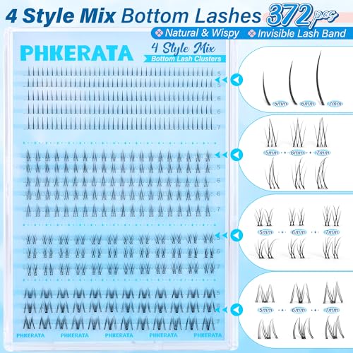 4 Style Bottom Lashes Natural Bottom Lash CLusters Lower Manga Eyelash Clusters 372pcs Anime Fairy Individual Lashes Bottoms DIY Eyelash Extensions, 5-7mm