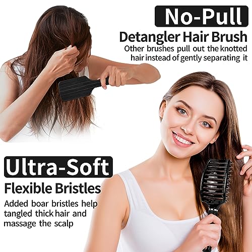 HIPPIH Boar Bristle Hair Brush Set for All Hair Types - Detangling & Smoothing