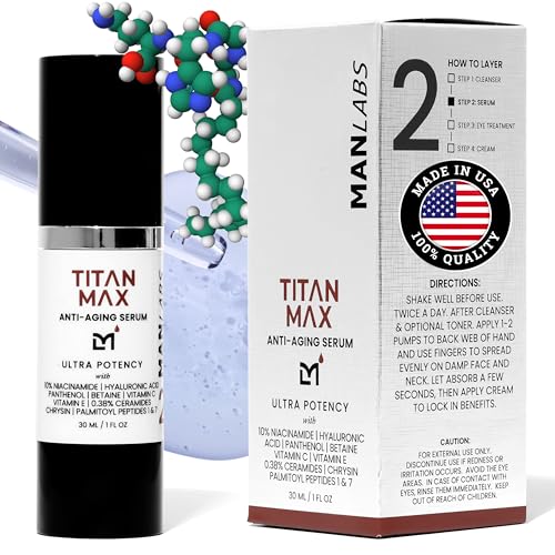 Titan MAX Anti-Aging Face Serum for Men ? Ultra Potency Mens Face Lotion ? Skin Tightening Cream for Face ? Mens Skin Care ? Vitamin C & E, 10% Niacinamide, Hyaluronic Acid ? Unscented