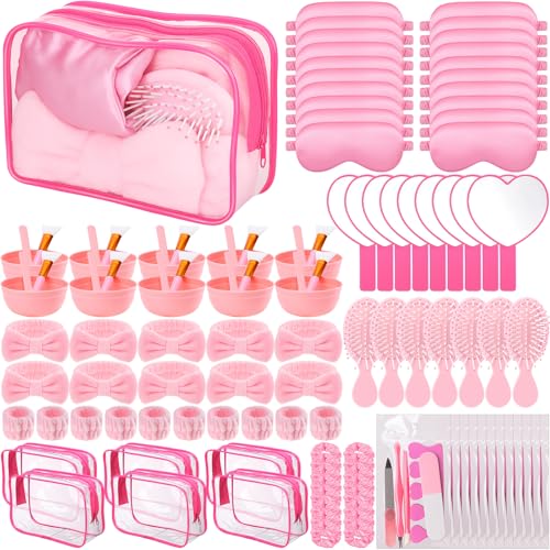 Geelin 132 Pcs/12 Set Spa Sleepover Party Favor Supplies Pink Cosmetic Bags with Heart Mirror Bow Headband Satin Hair Scrunchies Facial Mask Bowl Tool Kit Eye Mask Comb for Women Bridesmaid Gifts
