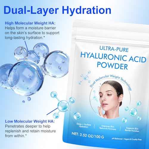 100% Pure Hyaluronic Acid Powder for Face & Joints, Dual Molecular Weight for Deep Hydration, Anti-Aging, DIY Serum Ingredient, Fragrance-Free, Vegan, 1 Scoop = 1 Bottle of Essence, 3.52 Oz