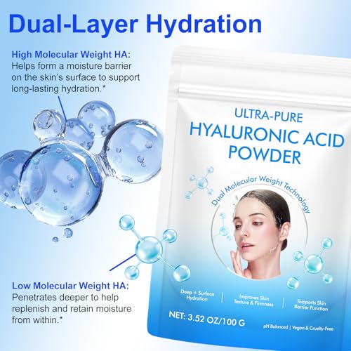 Hyaluronic Acid Powder for Skin & Face, Hyaluronic Acid Serum Powder, High & Low Molecular Weight, Water Soluble, DIY Serums for All Skin Types Hydration and Moisture, Includes Scoop (3.52Oz/100g)