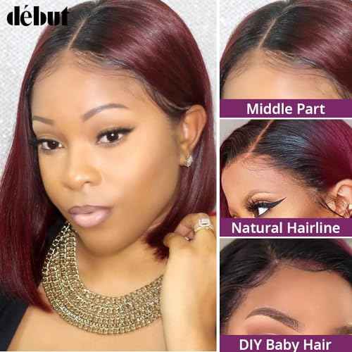 D?BUT Short Bob Wigs 1B Burgundy Lace Front Wigs Human Hair Middle Part Wigs Brazilian Virgin Straight Hair 13x4x1 T Part Wigs for Black Women 1B/99J 8 Inches