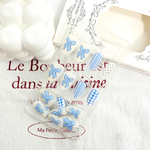 Blue Polka Dots Press On Nails Short Almond 24pc Kit