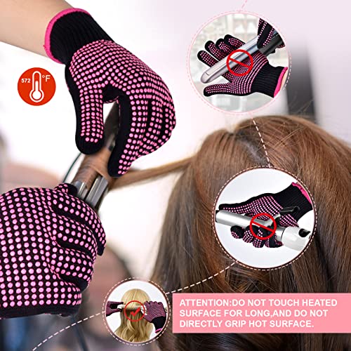 MORGLES Heat Gloves for Hair Styling, 2Pcs Professional Heat Resistant Gloves Silicone Heat Mat 6pcs Hair Clips and 2pcs Styling Comb for Curling Iron Wands Flat Iron