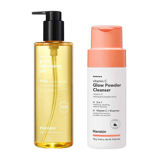 Hanskin Double Cleansing Duo – PHA Pore Cleansing Oil & Vitamin C Glow Powder Cleanser | Deep Pore Cleansing, Smooth & Radiant Skin, Exfoliation & Brightening for All Skin Types | Korean Skincare Set,